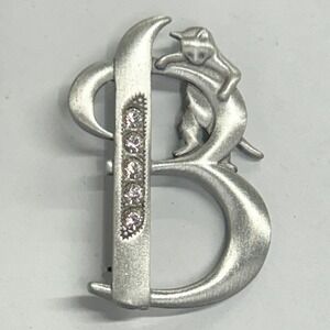 JJ‎ Jonette Pewter Cat Initial B Brooch Pin Rhinestone OS Silver Tone Whimsical
